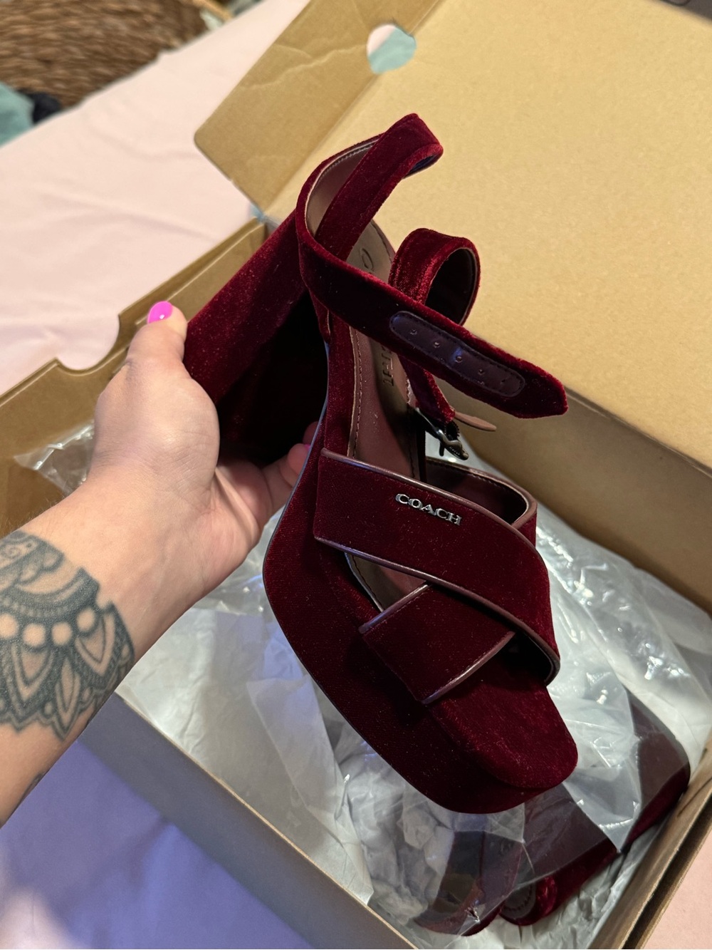 COACH Burgundy Velvet Platform Heels